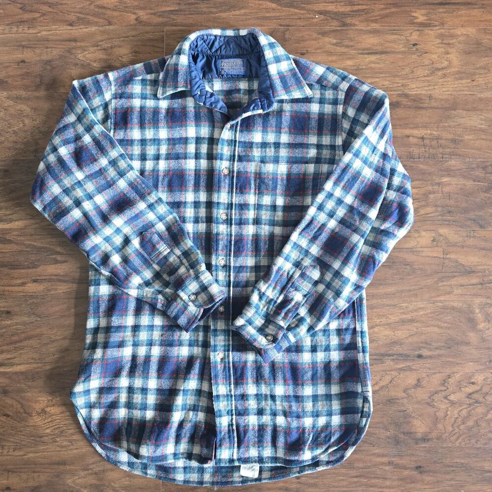 Vintage Pendleton Wool Board Shirt Blue Green Plaid Made USA Medium